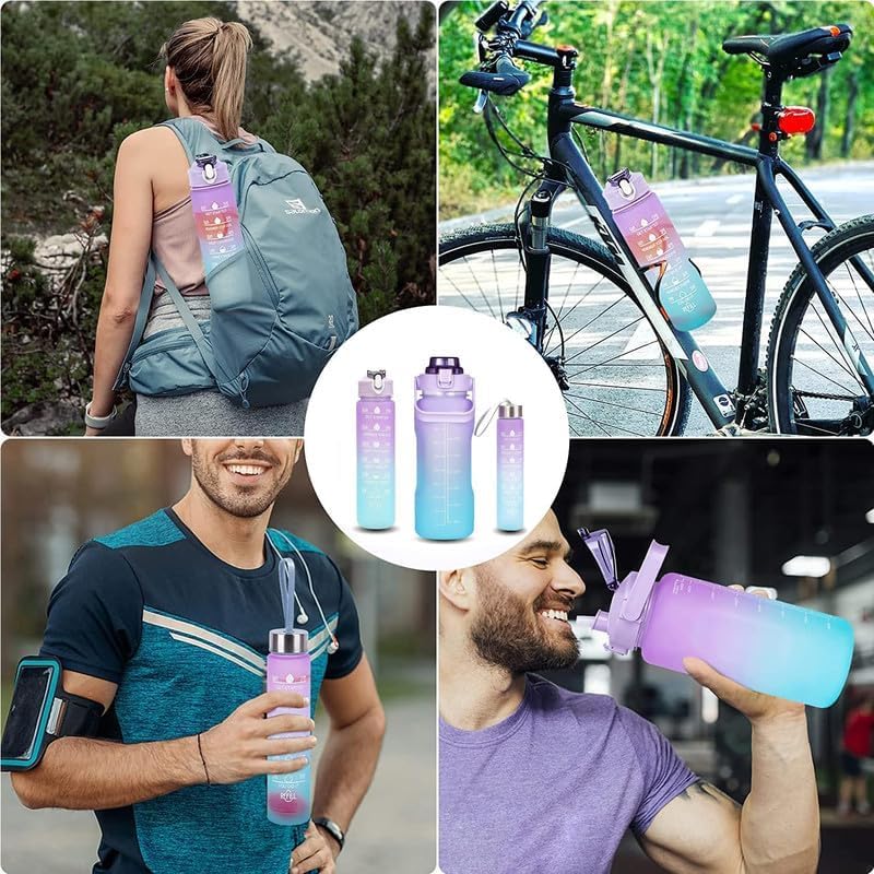 3PCS Motivational Water Bottle Set with Straw & Time Marker – 300ml, 900ml & 2000ml BPA Free Leakproof Bottles