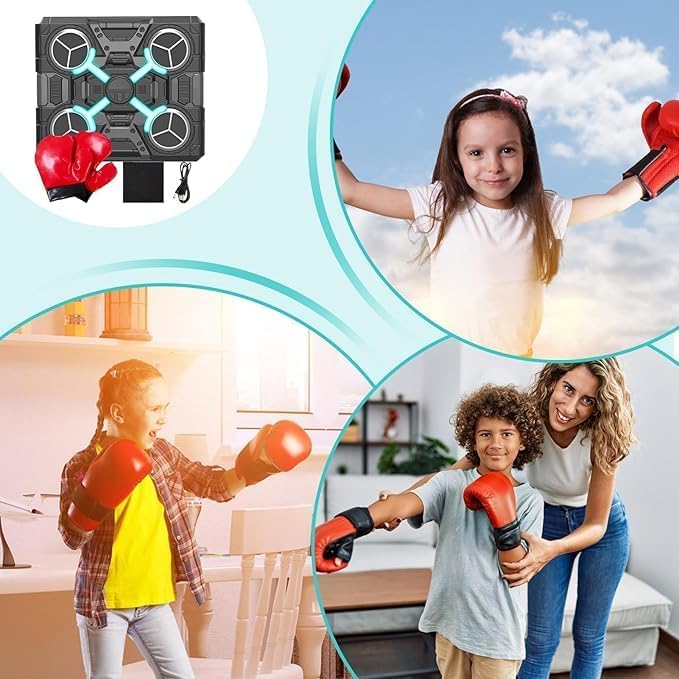 Children playing with boxing gloves in various settings, including a home interior and outdoors.