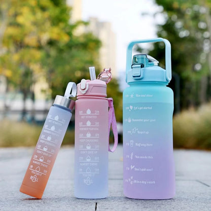 3PCS Motivational Water Bottle Set with Straw & Time Marker – 300ml, 900ml & 2000ml BPA Free Leakproof Bottles