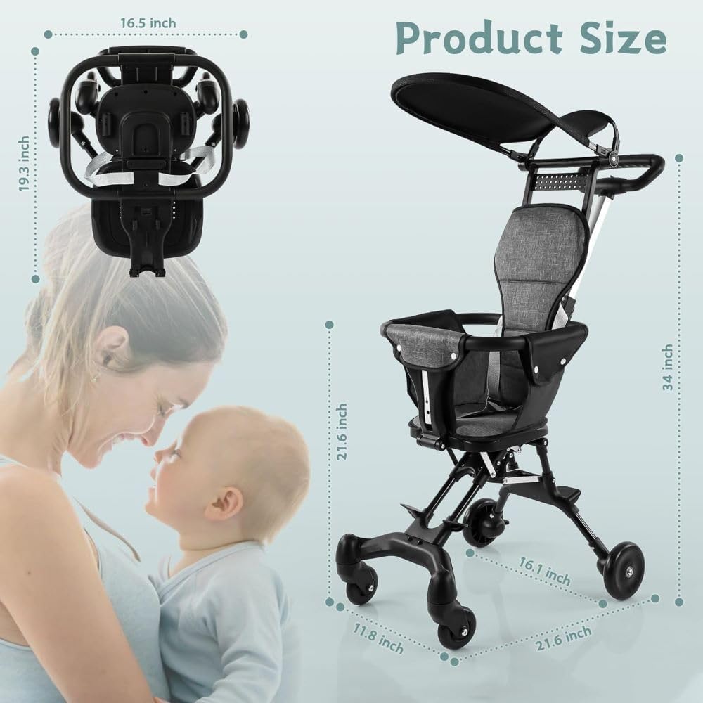 Foldable Baby Stroller – Reversible Seat, 360° Rotating Wheels & Sun Canopy