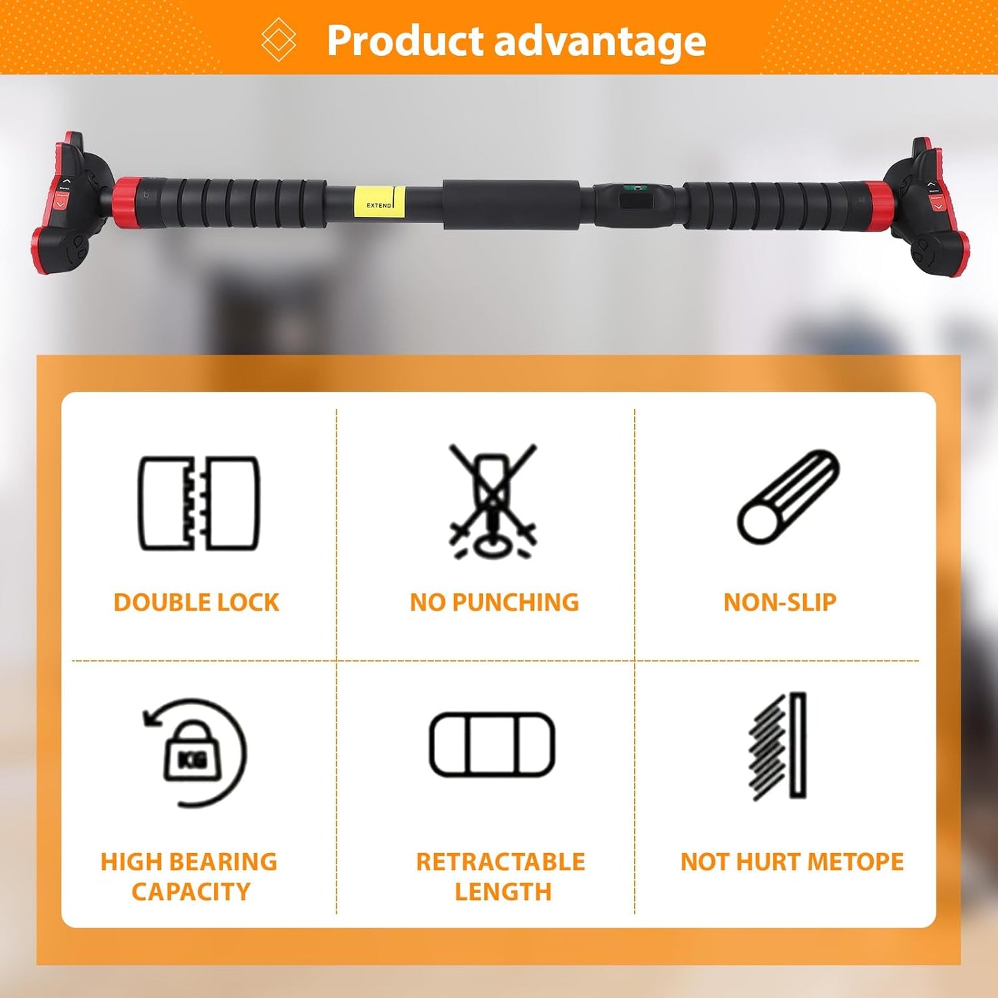 Premium Adjustable Doorway Pull Up Bar with Double Lock | No Drill Home Gym Exercise Bar (27–42 Inch)