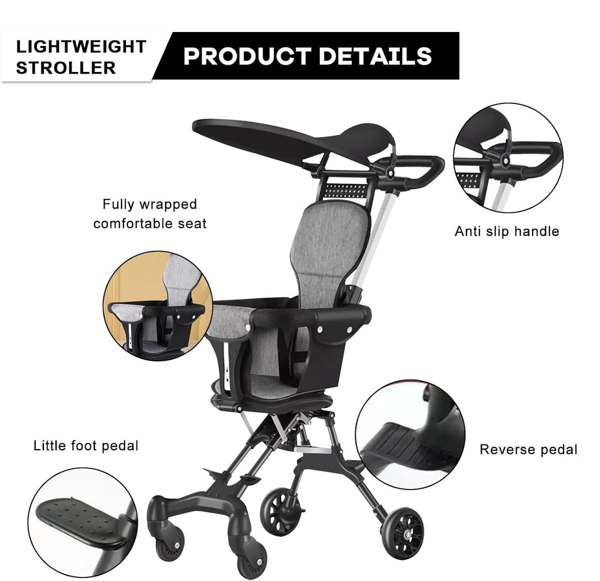 Foldable Baby Stroller – Reversible Seat, 360° Rotating Wheels & Sun Canopy