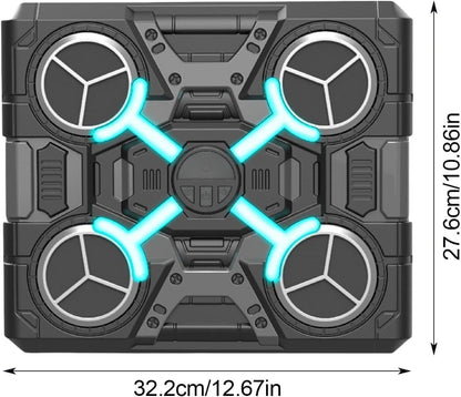 Black remote control with blue accents and dimensions displayed