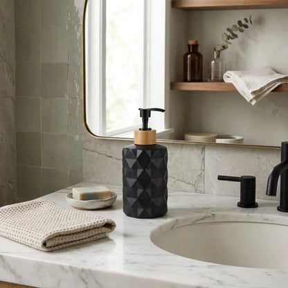 Black Glass Soap Dispenser with Bamboo Pump