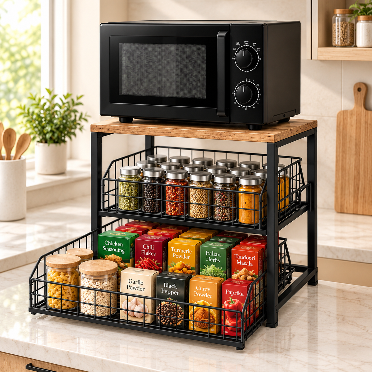 Dual pull-out kitchen countertop organizer for space-saving kitchen storage