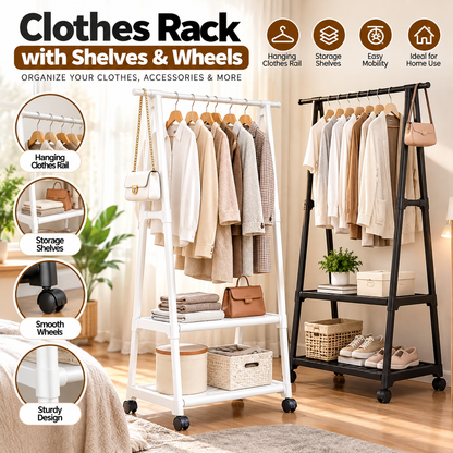 Clothes Rack with Shelves & Wheels
