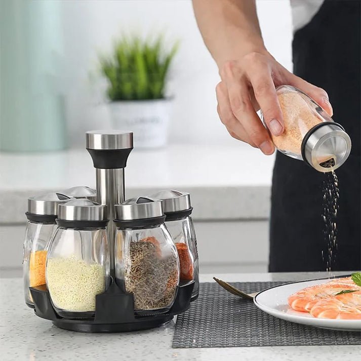6PCS Rotating Spice Rack Set – 360 Degree Glass Seasoning Jar Organizer - Saadiq.pk