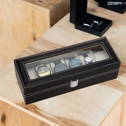 6‑Slot Watch Box | Premium PU Leather Watch Storage Case - Saadiq.pk