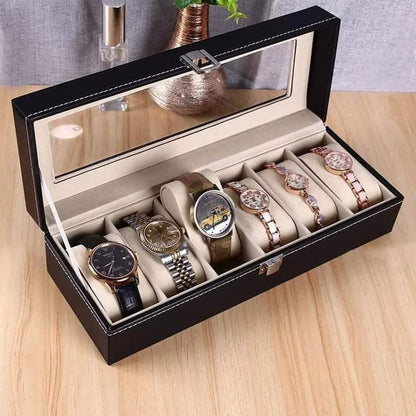 6‑Slot Watch Box | Premium PU Leather Watch Storage Case - Saadiq.pk