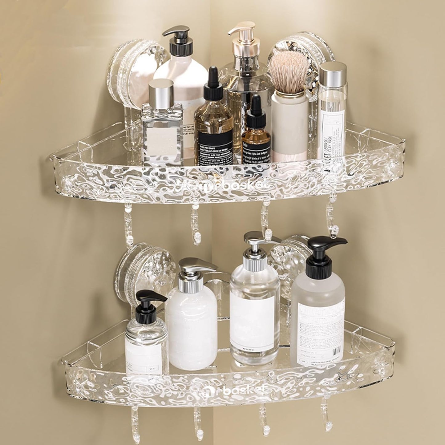 Transparent Corner Shower Shelf with Suction Cups – No Drill Bathroom Storage Rack with Hooks