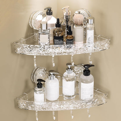 Transparent Corner Shower Shelf with Suction Cups – No Drill Bathroom Storage Rack with Hooks