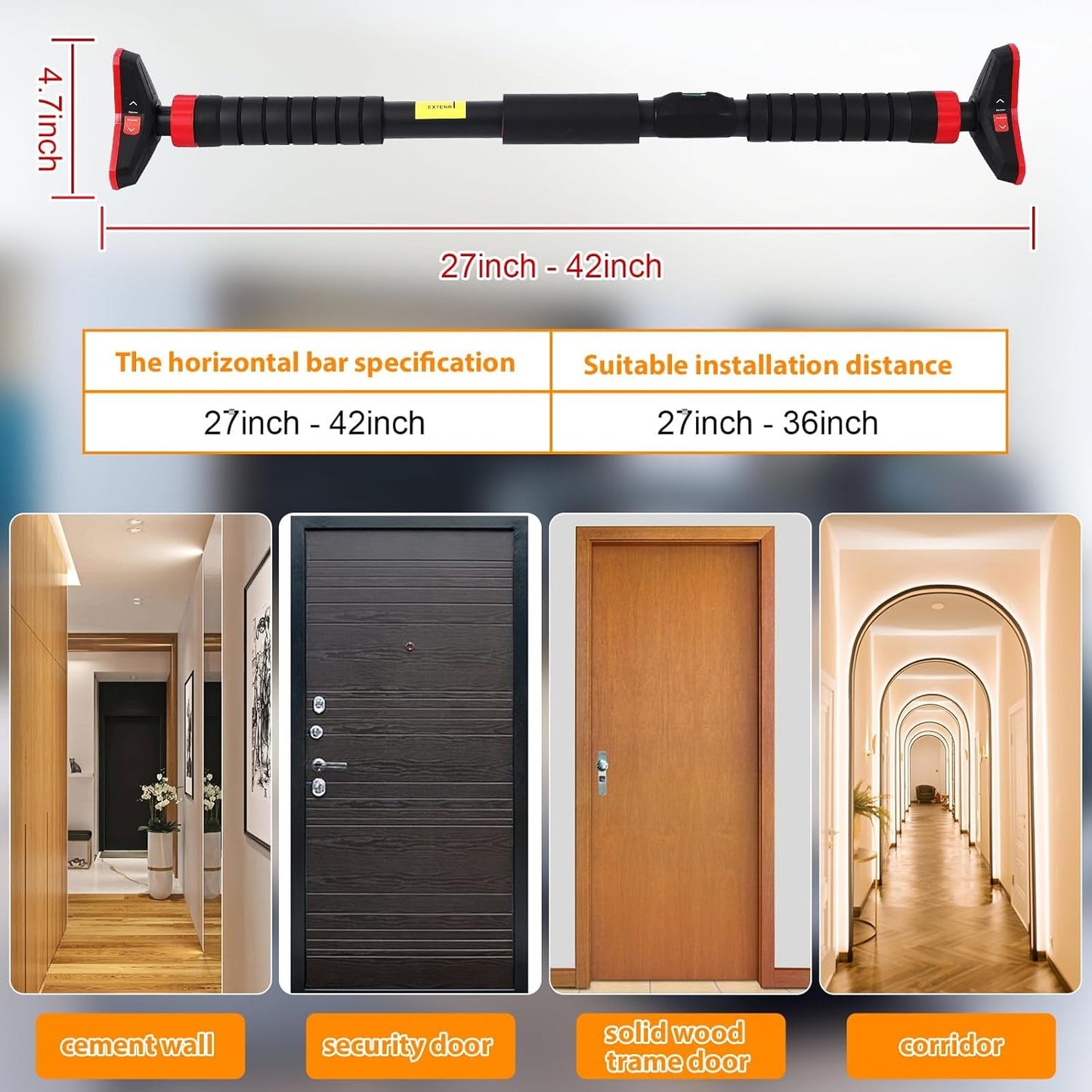 Premium Adjustable Doorway Pull-Up Bar | No Drill Home Gym Exercise Bar with Double Lock & Bubble Level (27-42 Inch)