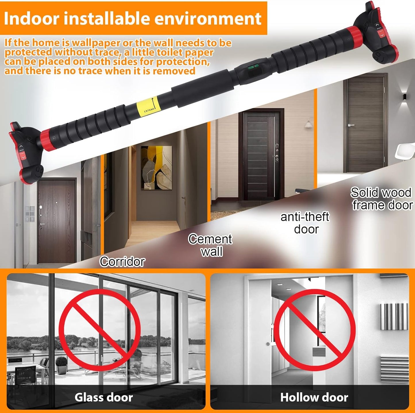 Premium Adjustable Doorway Pull Up Bar with Double Lock | No Drill Home Gym Exercise Bar (27–42 Inch)