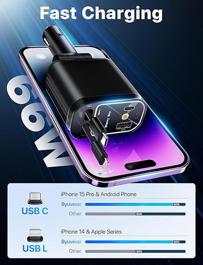 4-in-1 Retractable Car Charger with LED Star Light | Fast Charging Car Adapter with Dual Retractable Cables & USB Ports