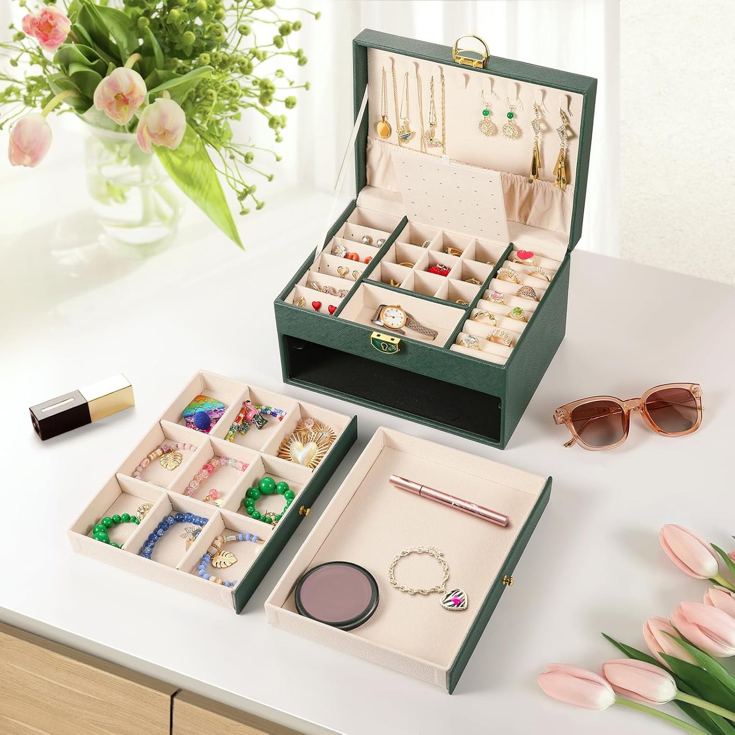 3 Layer PU Leather Jewelry Storage Organizer Box with Lock