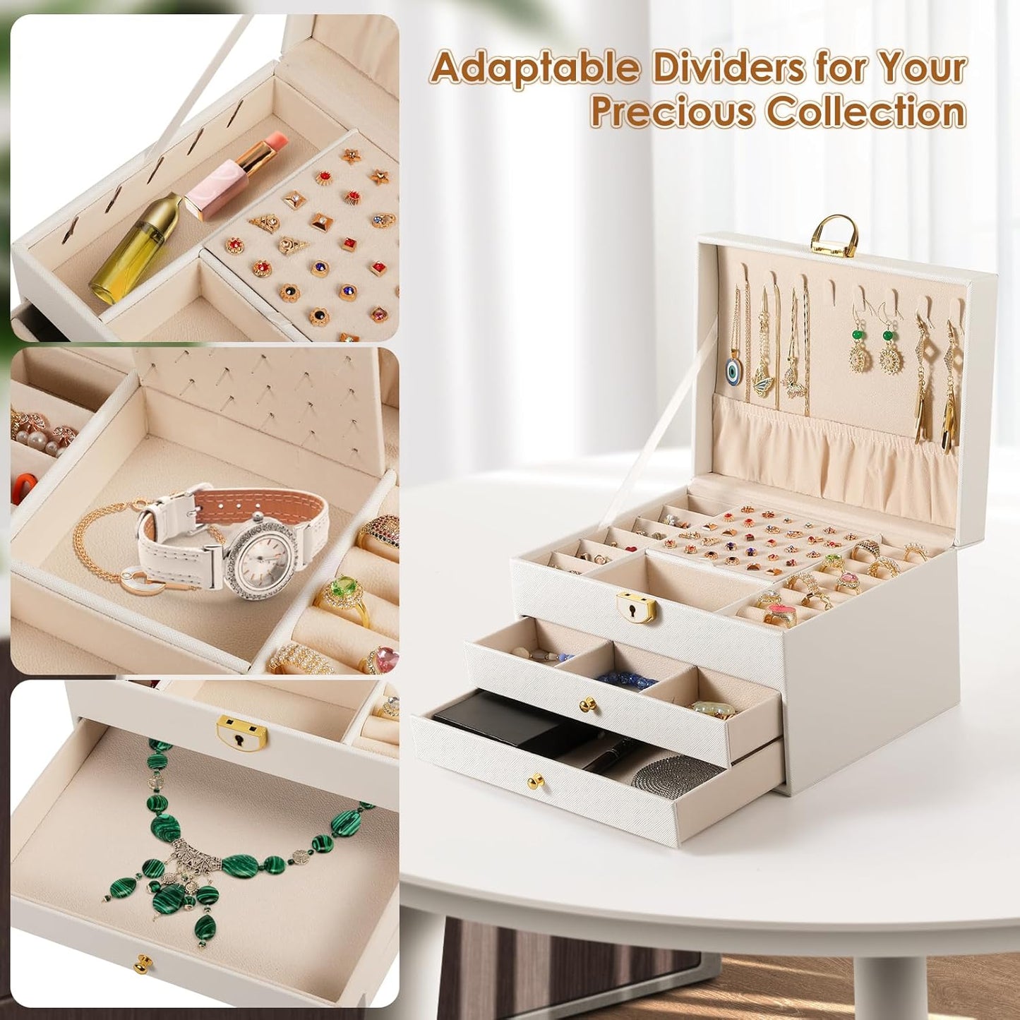 3 Layer PU Leather Jewelry Storage Organizer Box with Lock