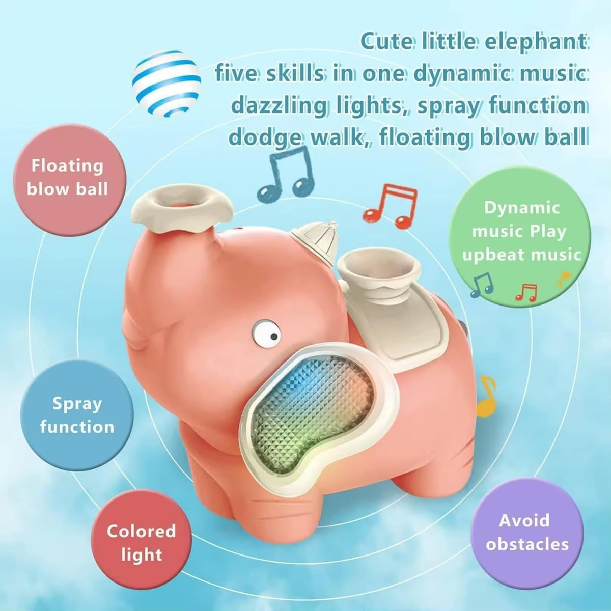 Musical Elephant Mist Spray Toy | Moving Bump & Go Toy with Lights, Music & Floating Ball