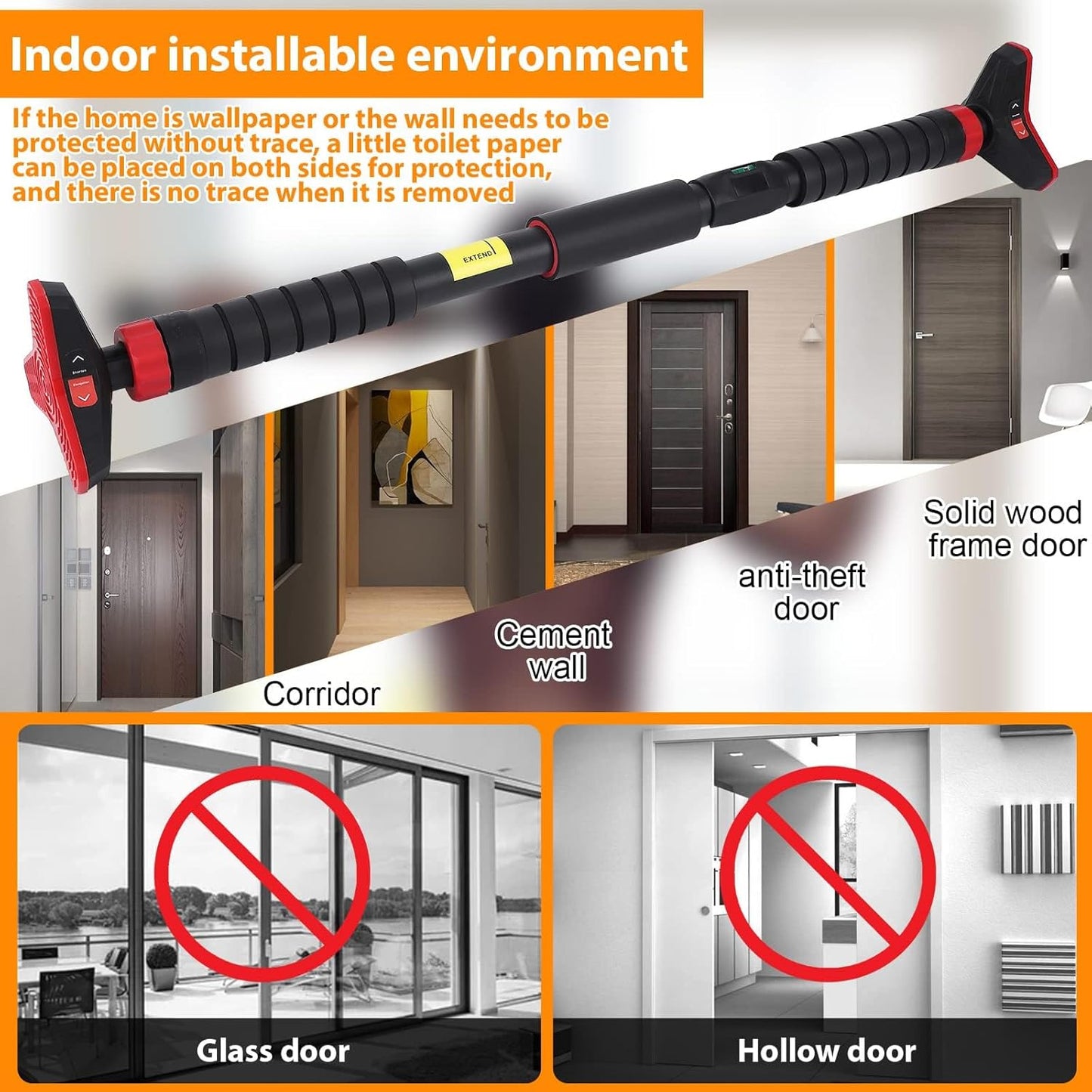 Premium Adjustable Doorway Pull-Up Bar | No Drill Home Gym Exercise Bar with Double Lock & Bubble Level (27-42 Inch)