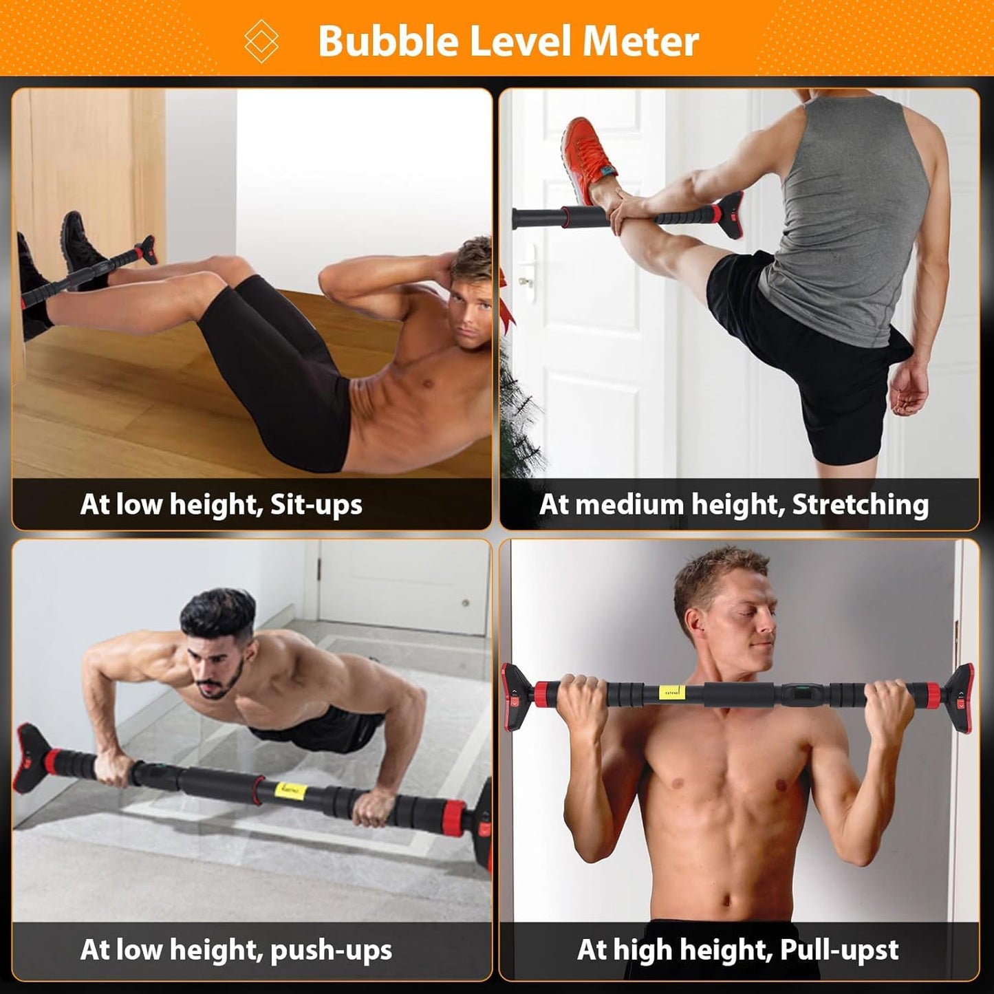Premium Adjustable Doorway Pull-Up Bar | No Drill Home Gym Exercise Bar with Double Lock & Bubble Level (27-42 Inch)