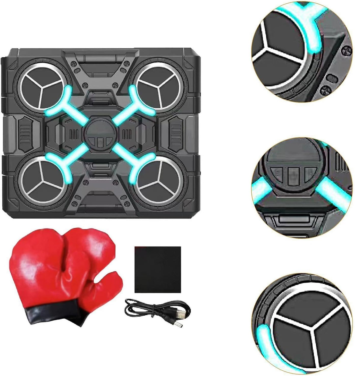 Black and gray drone with red boxing glove and black box on a white background