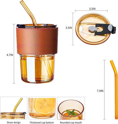 Premium Coffee Glass Mug with Leather Sleeve & Straw | Heat‑Resistant Drink Cup 450ML