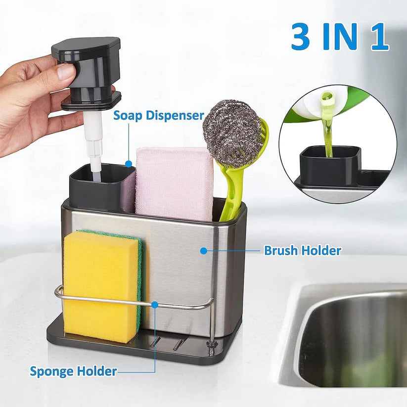 3‑in‑1 Kitchen Soap Dispenser – Built‑In Sponge & Brush Holder Sink Organizer