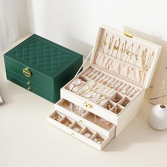 3 Layer PU Leather Jewelry Storage Organizer Box with Lock