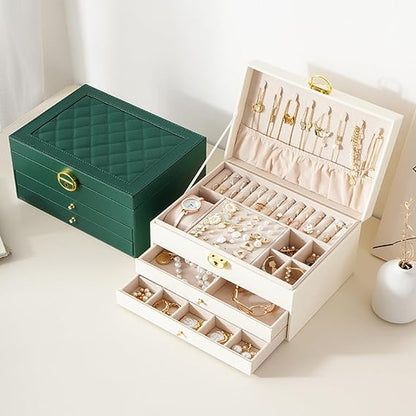 3 Layer PU Leather Jewelry Storage Organizer Box with Lock