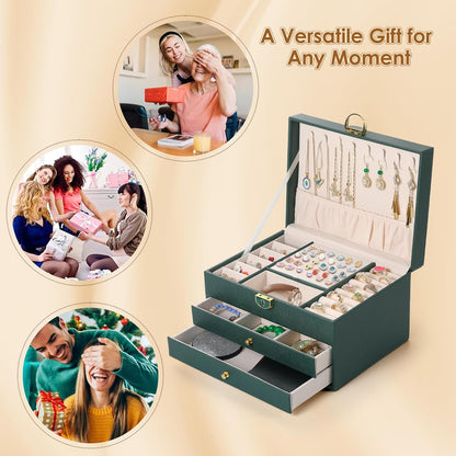 3 Layer PU Leather Jewelry Storage Organizer Box with Lock