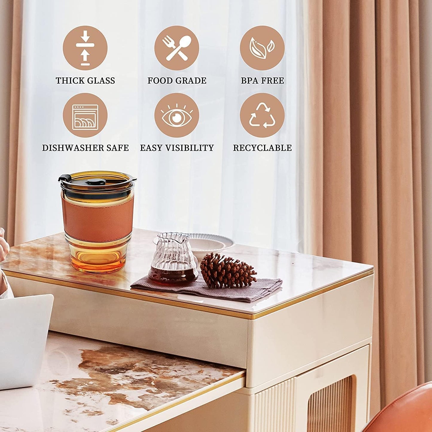 Premium Coffee Glass Mug with Leather Sleeve & Straw | Heat‑Resistant Drink Cup 450ML