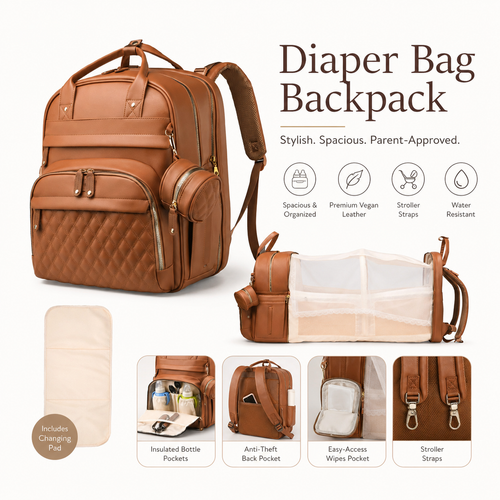 Brown Leather Diaper Bag Backpack with Changing Station