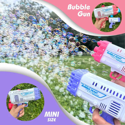 Two bubble guns being used to create bubbles with a grassy background.