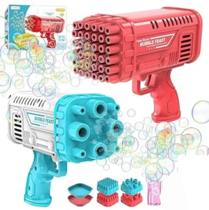 Two bubble guns, one red and one blue, with bubble solution containers on a white background.