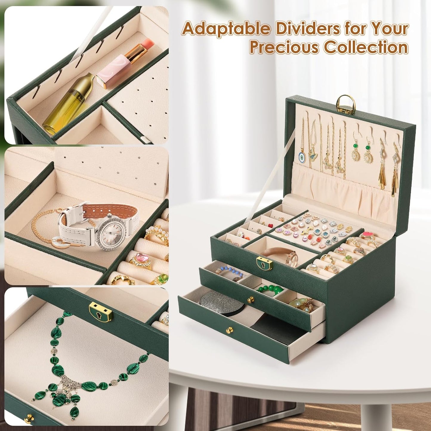 3 Layer PU Leather Jewelry Storage Organizer Box with Lock