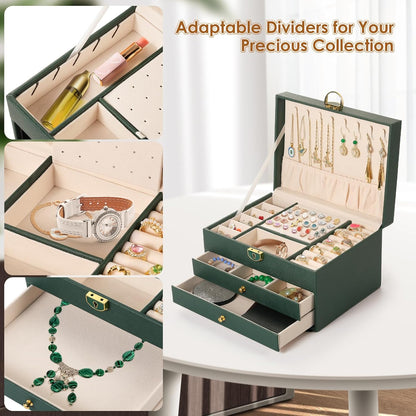 3 Layer PU Leather Jewelry Storage Organizer Box with Lock