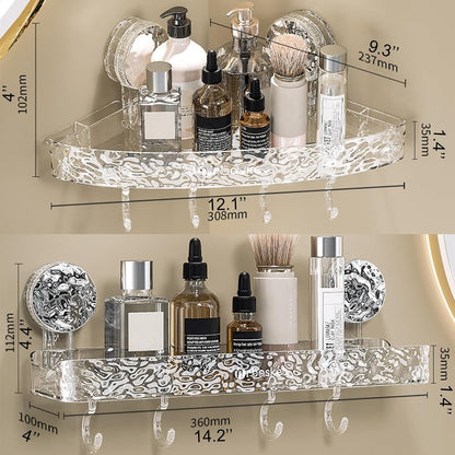 Transparent Corner Shower Shelf with Suction Cups – No Drill Bathroom Storage Rack with Hooks