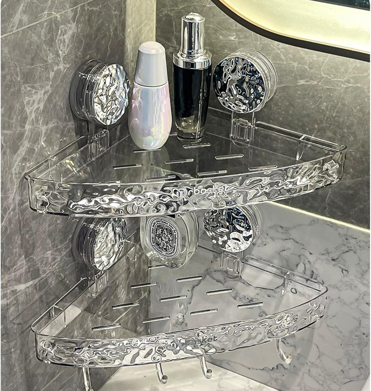 Transparent Corner Shower Shelf with Suction Cups – No Drill Bathroom Storage Rack with Hooks