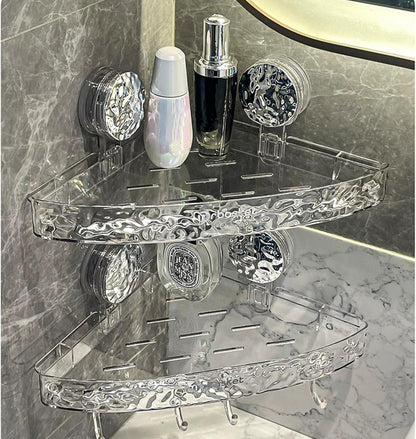 Transparent Corner Shower Shelf with Suction Cups – No Drill Bathroom Storage Rack with Hooks