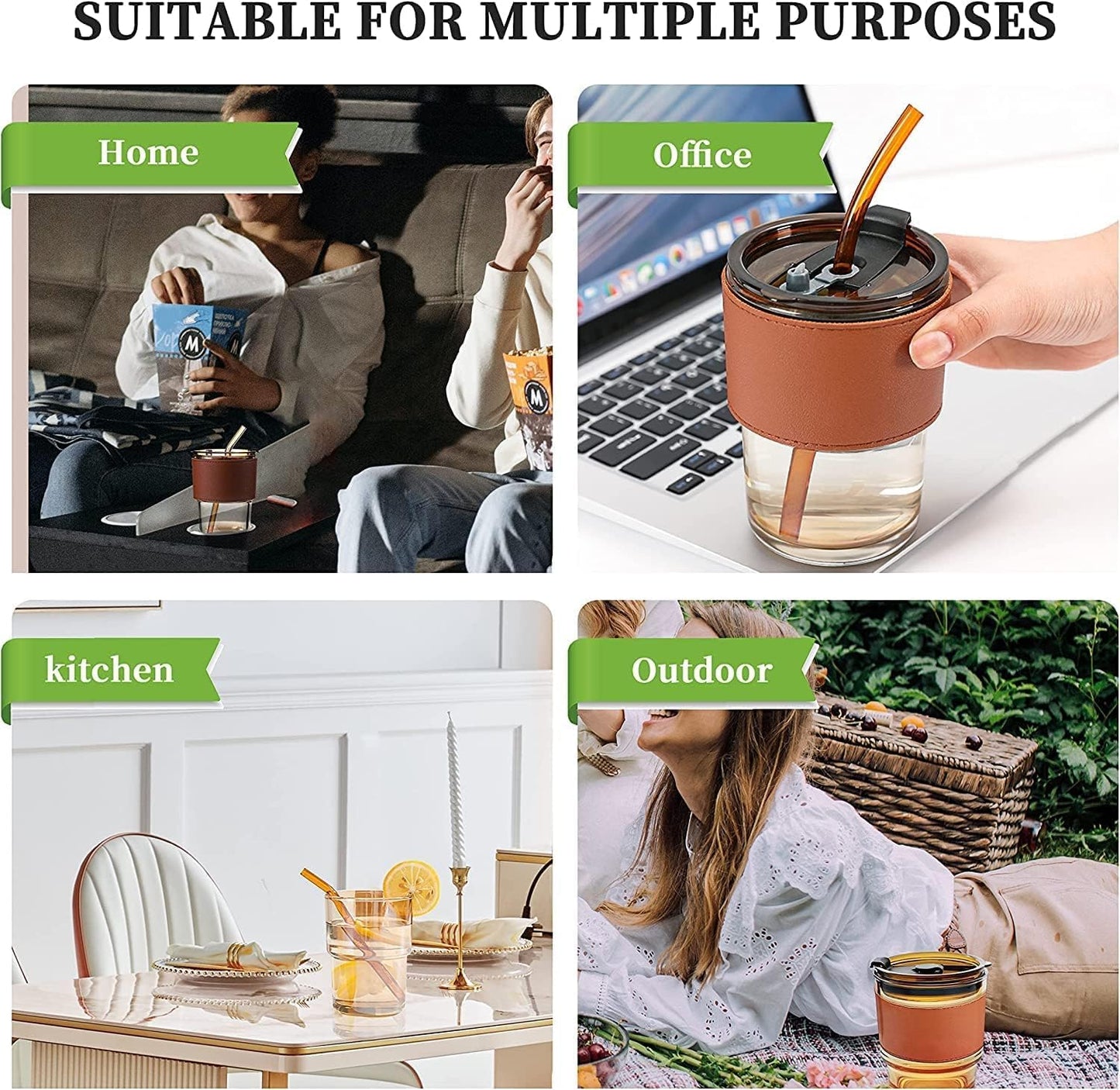 Premium Coffee Glass Mug with Leather Sleeve & Straw | Heat‑Resistant Drink Cup 450ML