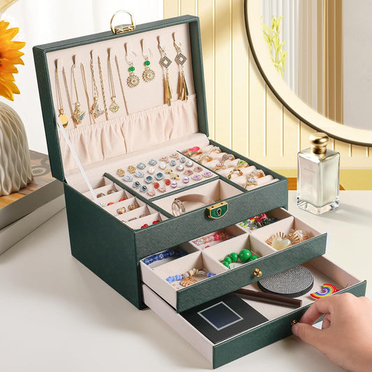 3 Layer PU Leather Jewelry Storage Organizer Box with Lock