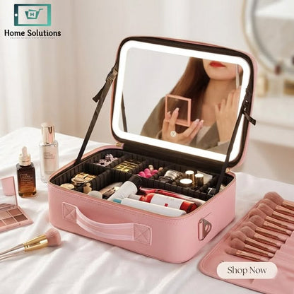 Large Capacity LED Makeup Bag with Mirror | Portable Cosmetic Organizer Case
