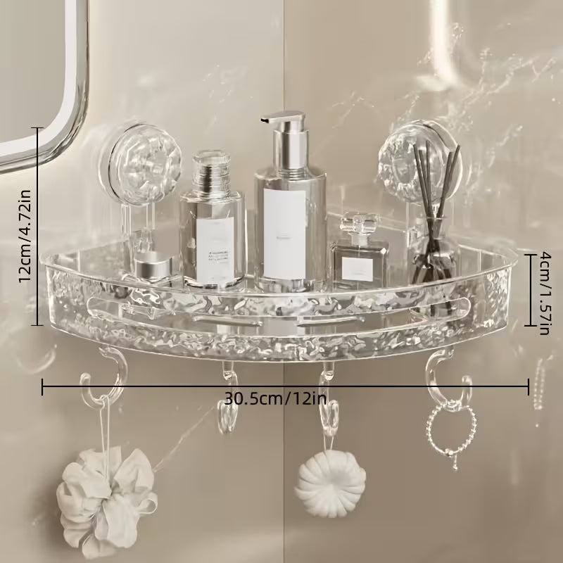 Transparent Corner Shower Shelf with Suction Cups – No Drill Bathroom Storage Rack with Hooks