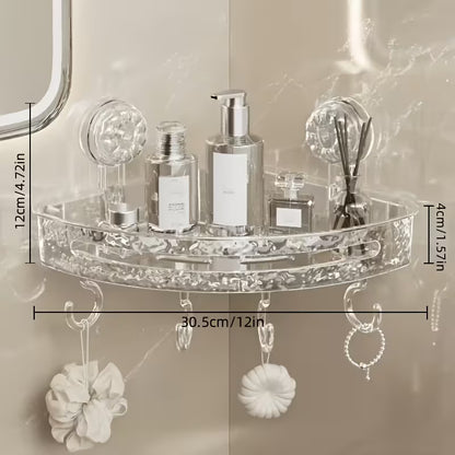 Transparent Corner Shower Shelf with Suction Cups – No Drill Bathroom Storage Rack with Hooks