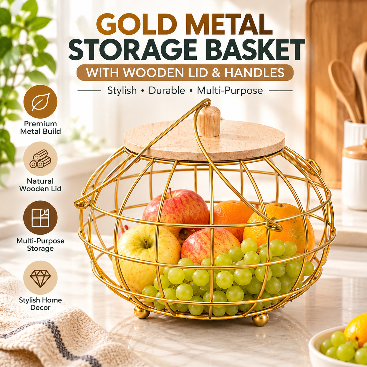 Gold Metal Storage Basket with Wooden Lid & Handles