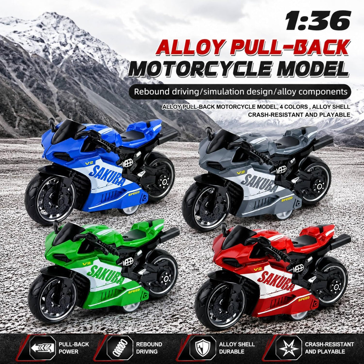 Mini Die-Cast Motorcycle Toy with Pull Back Action & Rubber Wheels