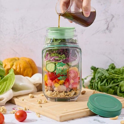 Leak-Proof Glass Salad Jar with Dressing Container | Portable Meal Prep & Food Storage Jar
