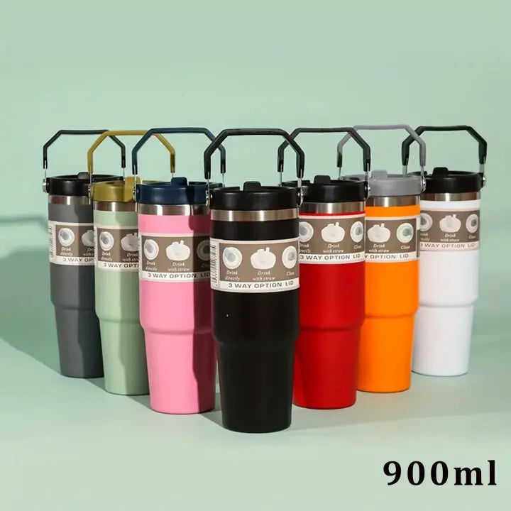 900ML Vacuum Insulated Stainless Steel Travel Tumbler with Straw Lid & Handle
