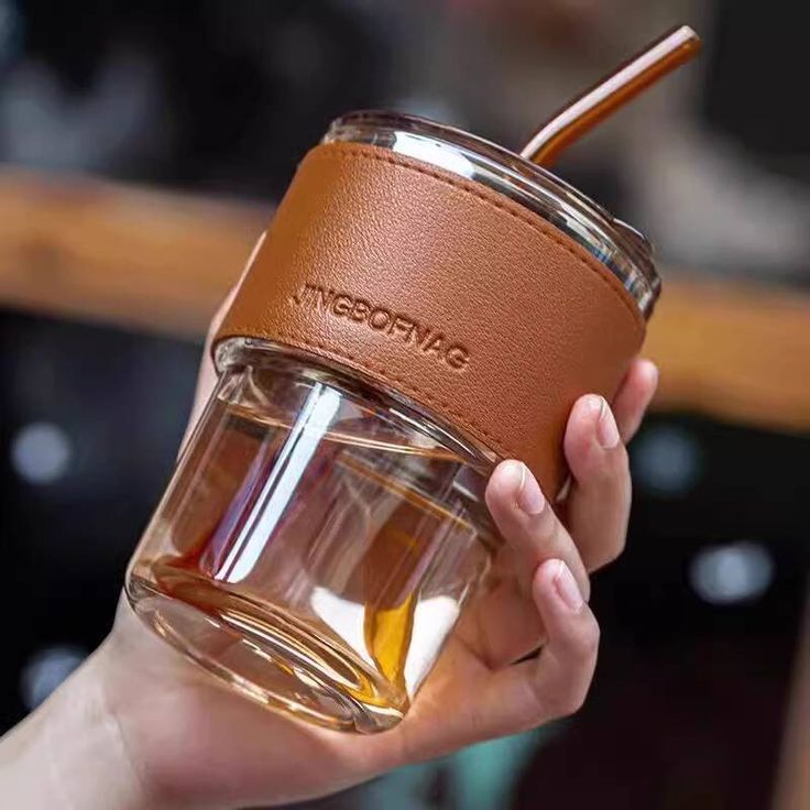 Premium Leather Sleeve Glass Cup With Lid & Straw – Travel Friendly Mug