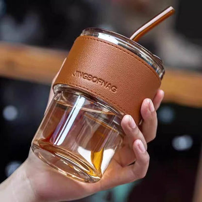 Premium Leather Sleeve Glass Cup With Lid & Straw – Travel Friendly Mug