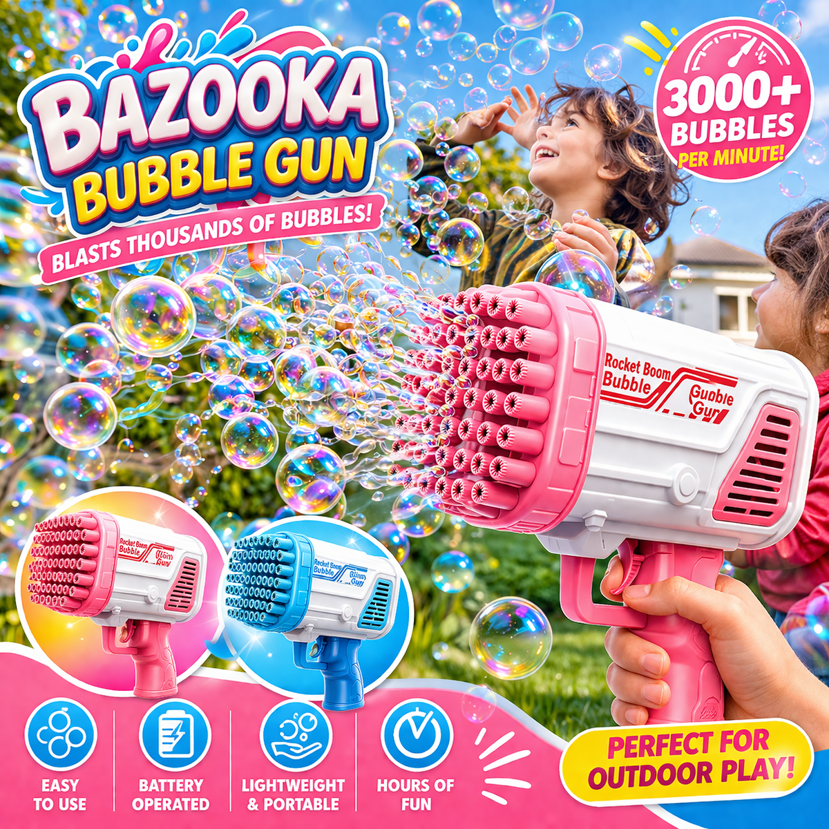 Pink bubble gun with colorful text and graphics on a blue background
